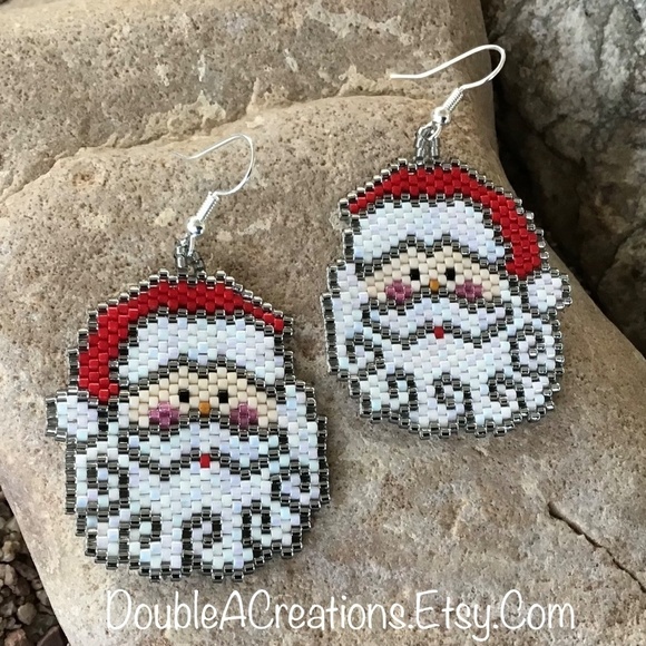 Santa Clause Face Trimmed in Silver Beaded Earrings, New, Handmade by Me - Picture 2 of 5